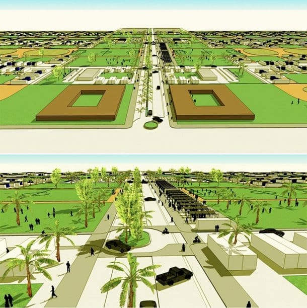 vistas aéreas del pueblo ecológico con contenedores en Haití