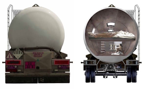 sección transversal tanque camión cisterna adaptado para refugio