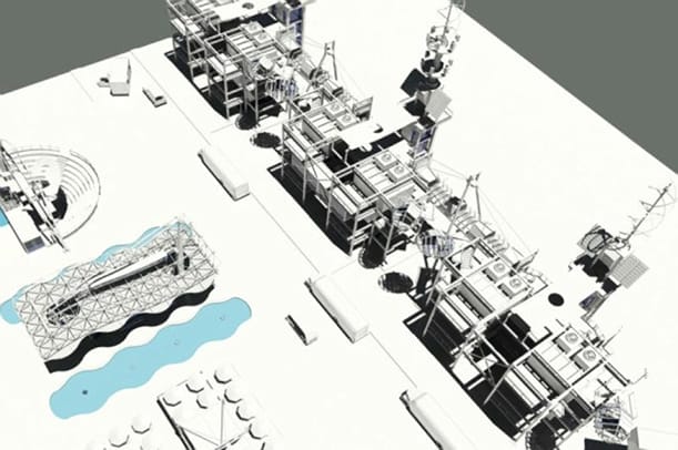 vista aérea de la viviendas temporales de Container Cities, por Richard Moreta