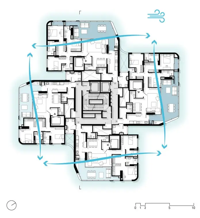 Plano de planta del rascacielos EZ Parque da Cidade con esquema de ventilación cruzada.