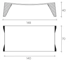 Plano con medidas de una mesa baja rectangular de vidrio con patas de cristal.