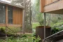 Detalle de estructura metálica en casa moderna de madera.